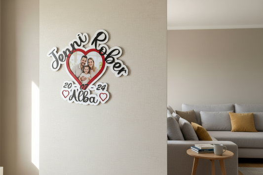Marco de fotos base corazón con nombres y fecha Izmi Láser Regalos Personalizados